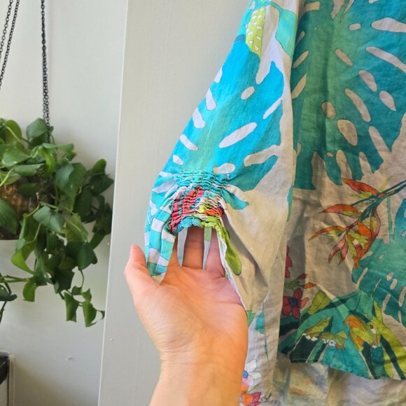 Sharon Young Linen Tropical Floral Print Womens Tunic Button Back & Ruched Sleev - Picture 4 of 9